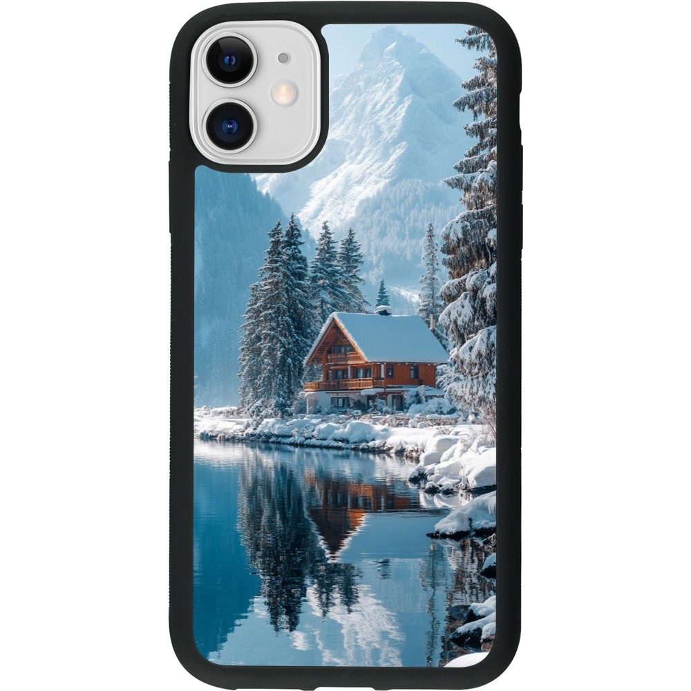 Coque iPhone 11 - Silicone rigide noir Winter 25 Winter house forest day