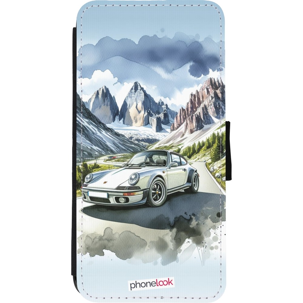 Coque iPhone 11 - Wallet noir Porsche 911 Mountain Watercolor