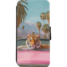 iPhone 11 Case Hülle - Wallet schwarz Tiger Auto rosa