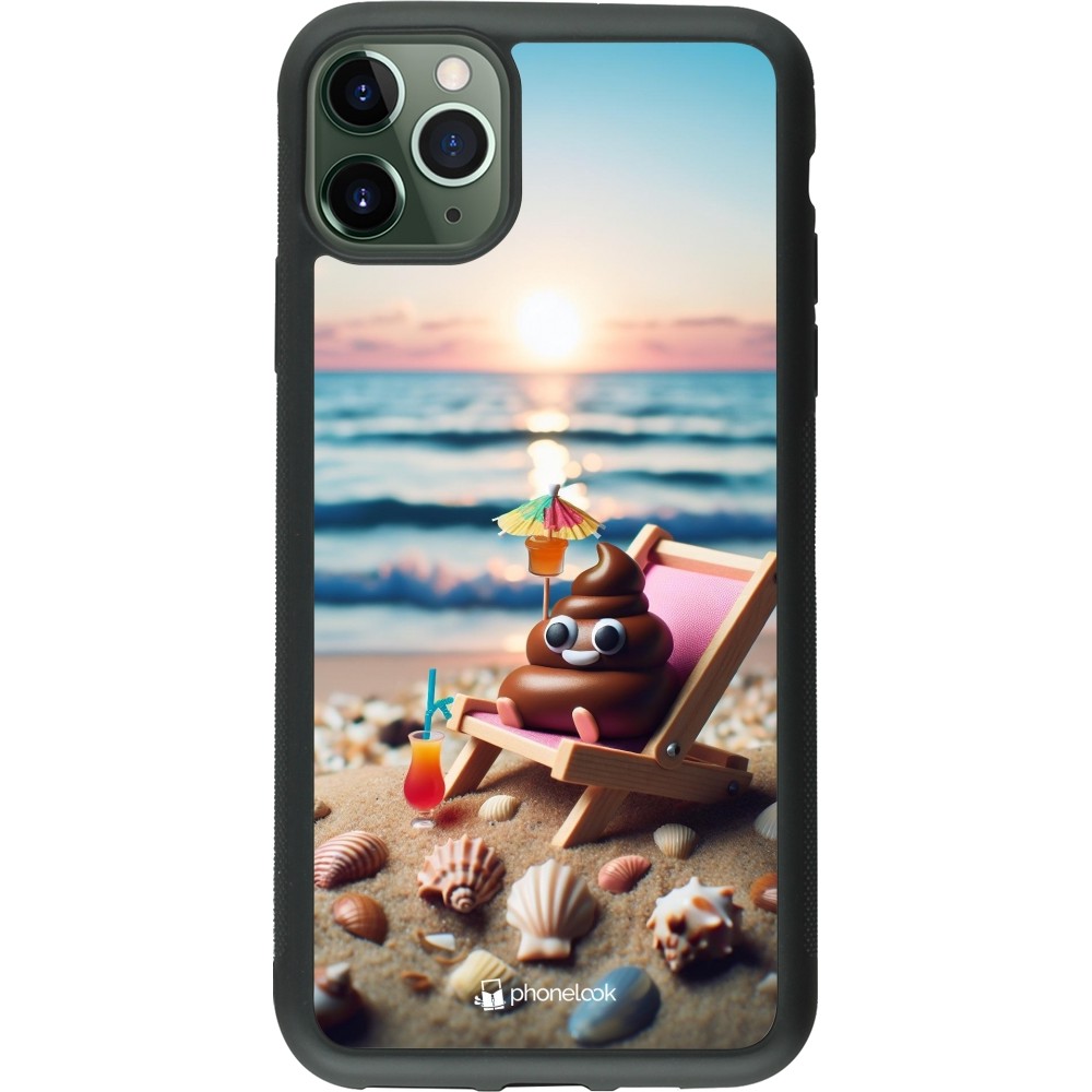 Coque iPhone 11 Pro Max - Silicone rigide noir Emoji caca sur chaise longue