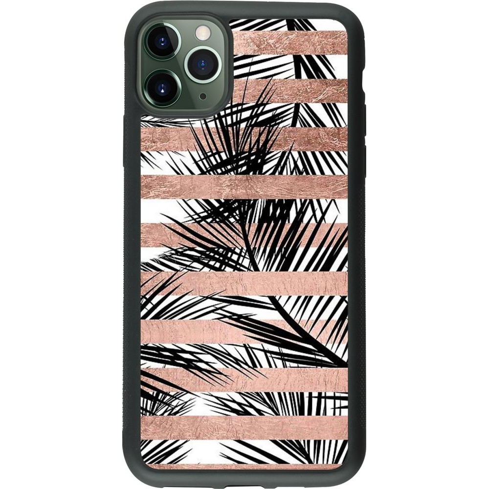 Coque iPhone 11 Pro Max - Silicone rigide noir Palm trees gold stripes