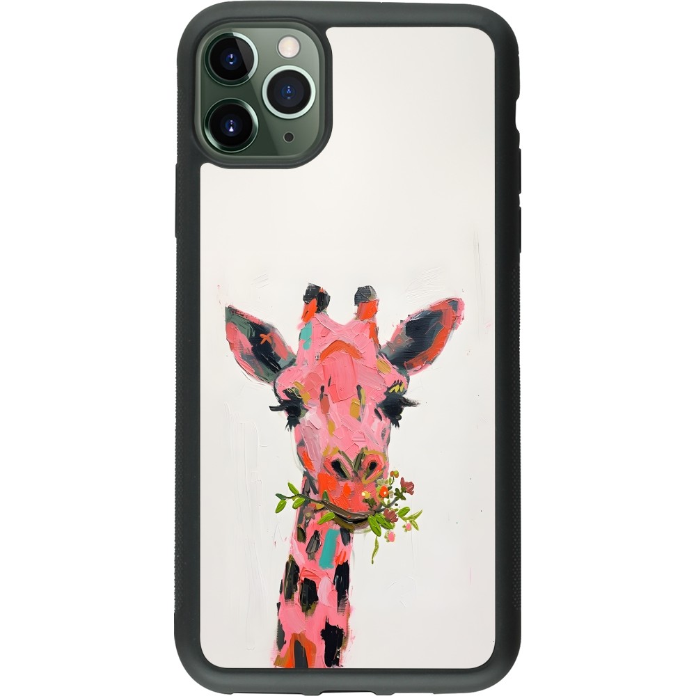 Coque iPhone 11 Pro Max - Silicone rigide noir Pink Girafe Paint