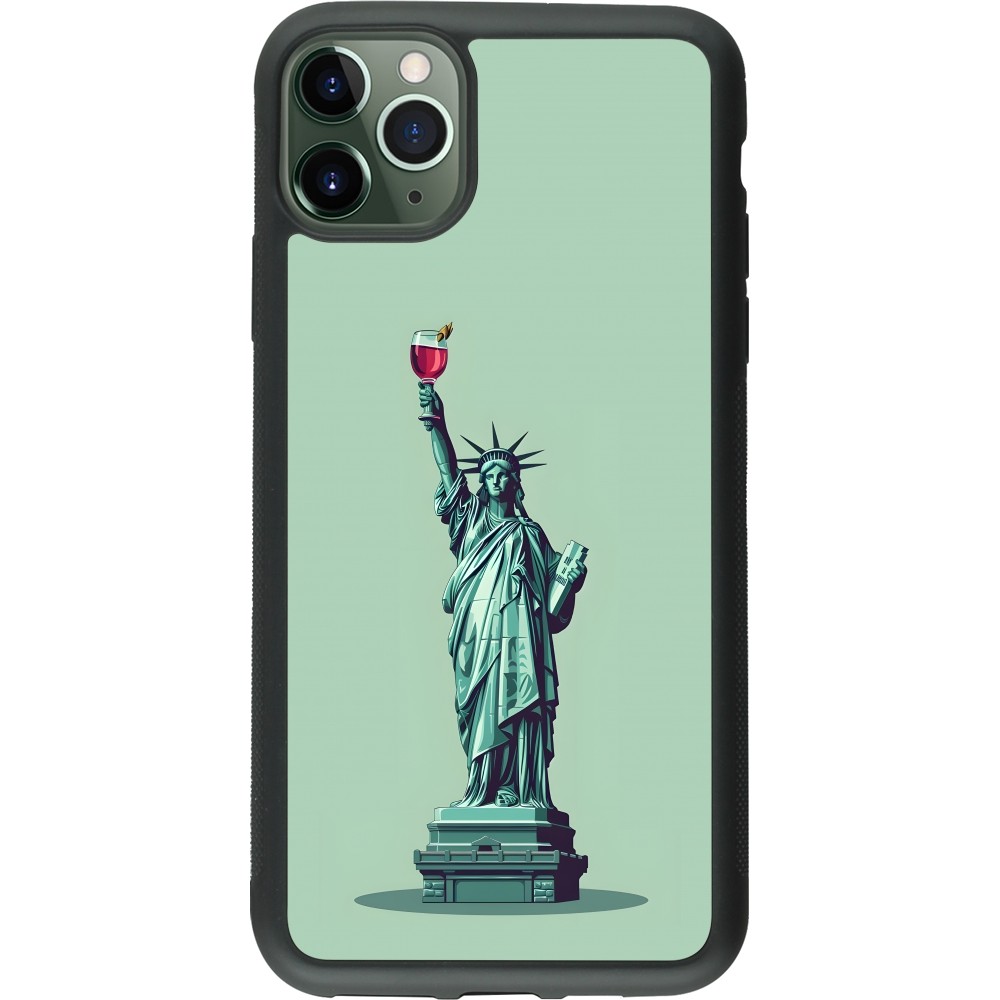 Coque iPhone 11 Pro Max - Silicone rigide noir Wine Statue de la liberté avec un verre de vin
