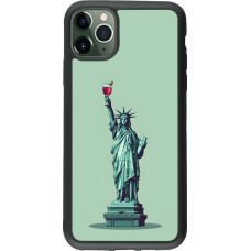 Coque iPhone 11 Pro Max - Silicone rigide noir Wine Statue de la liberté avec un verre de vin