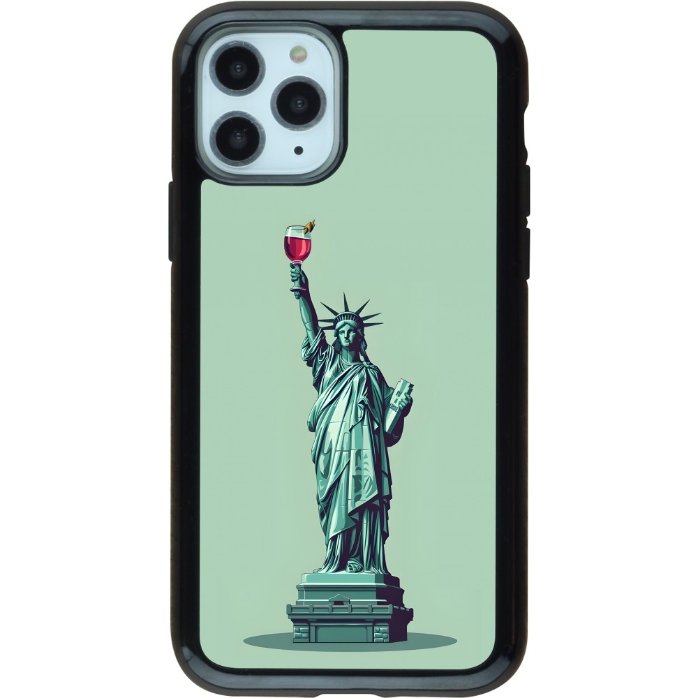 Coque iPhone 11 Pro - Hybrid Armor noir Wine Statue de la liberté avec un verre de vin