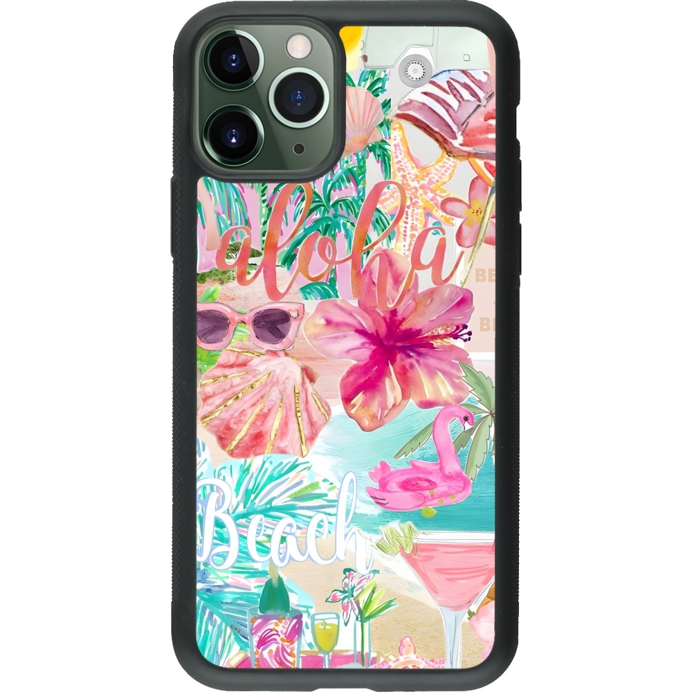 Coque iPhone 11 Pro - Silicone rigide noir Preppy Collage Aloha