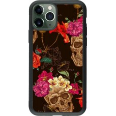 Coque iPhone 11 Pro - Silicone rigide noir Skulls and flowers