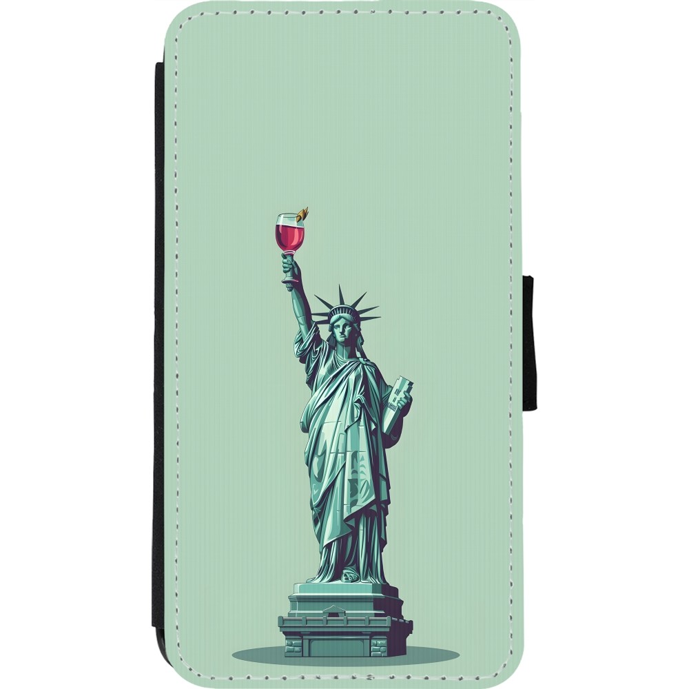 Coque iPhone 11 Pro - Wallet noir Wine Statue de la liberté avec un verre de vin