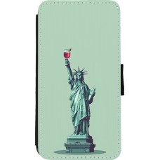 Coque iPhone 11 Pro - Wallet noir Wine Statue de la liberté avec un verre de vin