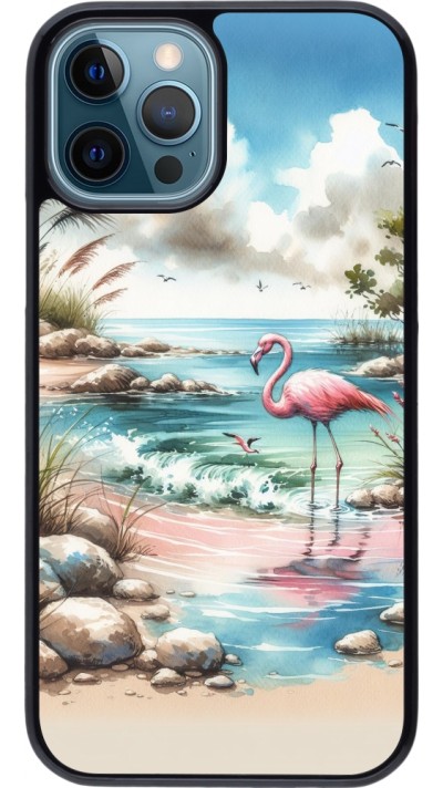 Coque iPhone 12 / 12 Pro - Flamant rose aquarelle