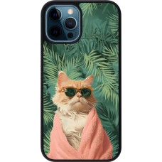 iPhone 12 / 12 Pro Case Hülle - Silikon schwarz Cat Summer Palms