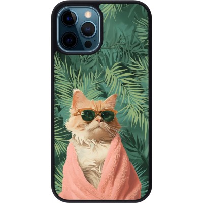 Coque iPhone 12 / 12 Pro - Silicone rigide noir Cat Summer Palms