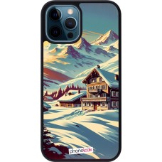 Coque iPhone 12 / 12 Pro - Silicone rigide noir Chalet montagne enneigée