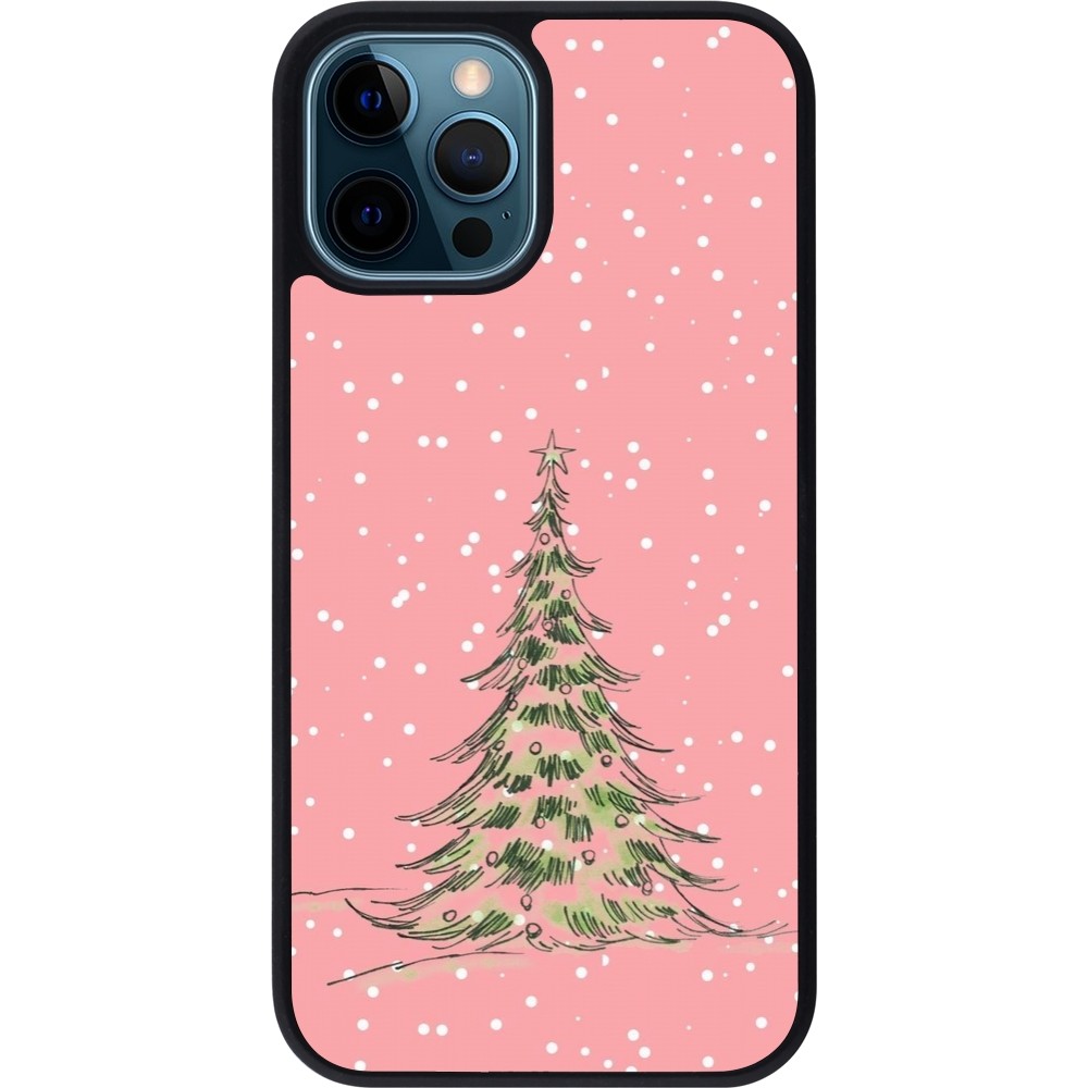 Coque iPhone 12 / 12 Pro - Silicone rigide noir Christmas 25 Pink Tree