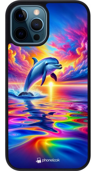 iPhone 12 / 12 Pro Case Hülle - Silikon schwarz Glücklicher Regenbogen-Delfin