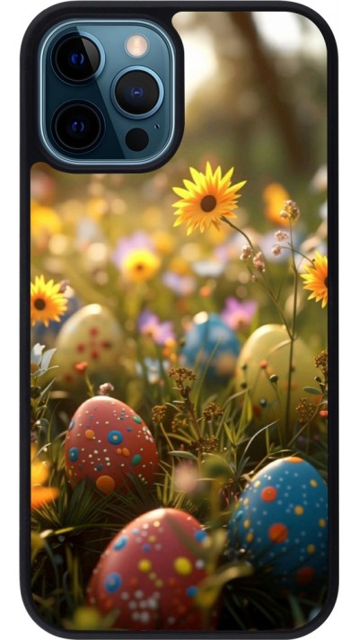 Coque iPhone 12 / 12 Pro - Silicone rigide noir Easter 2026 Decorated eggs