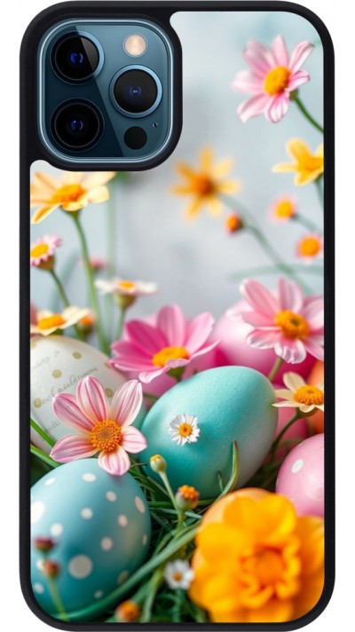 Coque iPhone 12 / 12 Pro - Silicone rigide noir Easter 2026 Eggs with flowers