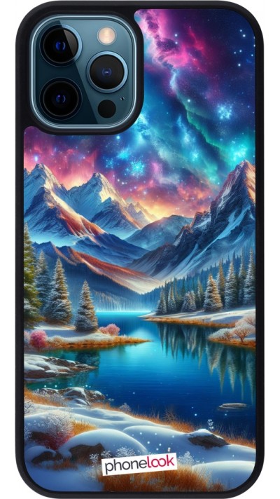 iPhone 12 / 12 Pro Case Hülle - Silikon schwarz Fantasiebergsee Himmel Sterne