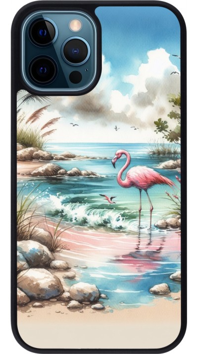 iPhone 12 / 12 Pro Case Hülle - Silikon schwarz Flamingo Aquarell