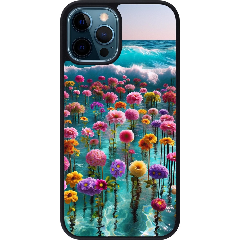 Coque iPhone 12 / 12 Pro - Silicone rigide noir Flower sea waves