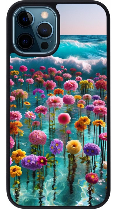 Coque iPhone 12 / 12 Pro - Silicone rigide noir Flower sea waves