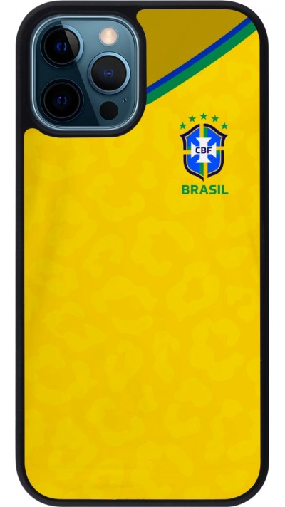 Coque iPhone 12 / 12 Pro - Silicone rigide noir Maillot de football Brésil 2022 personnalisable