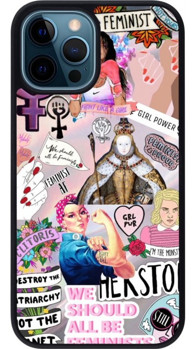 Coque iPhone 12 / 12 Pro - Silicone rigide noir Girl Power Collage