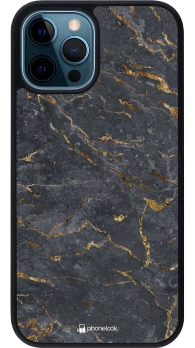 Coque iPhone 12 / 12 Pro - Silicone rigide noir Grey Gold Marble