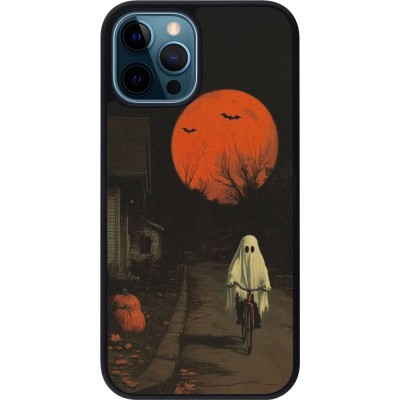 Coque iPhone 12 / 12 Pro - Silicone rigide noir Halloween 2025 Ghost on a bicycle