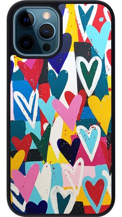 Coque iPhone 12 / 12 Pro - Silicone rigide noir Joyful Hearts