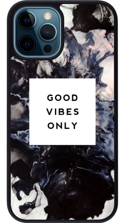 Coque iPhone 12 / 12 Pro - Silicone rigide noir Marble Good Vibes Only