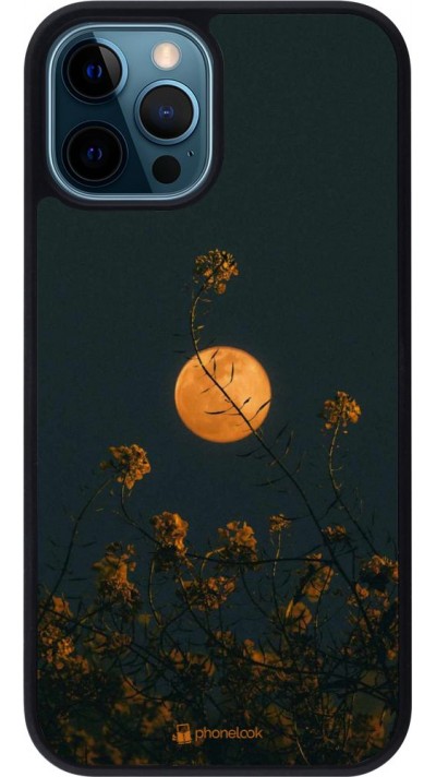 Coque iPhone 12 / 12 Pro - Silicone rigide noir Moon Flowers