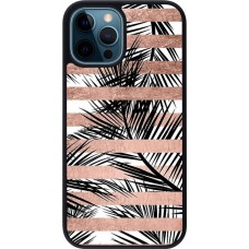 Coque iPhone 12 / 12 Pro - Silicone rigide noir Palm trees gold stripes