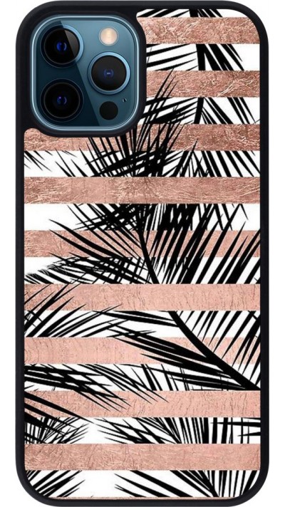 Coque iPhone 12 / 12 Pro - Silicone rigide noir Palm trees gold stripes