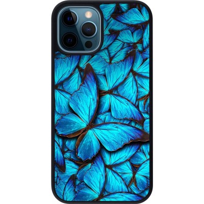 Coque iPhone 12 / 12 Pro - Silicone rigide noir Papillon - Bleu