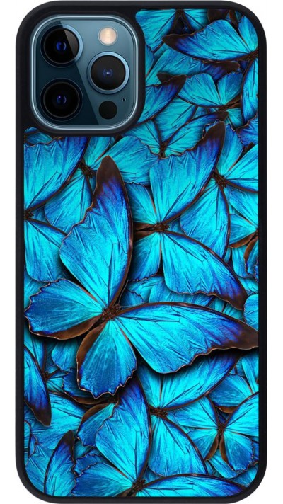 Coque iPhone 12 / 12 Pro - Silicone rigide noir Papillon - Bleu