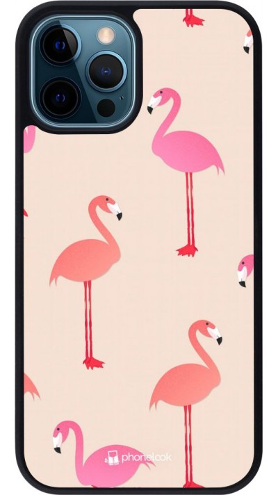 Coque iPhone 12 / 12 Pro - Silicone rigide noir Pink Flamingos Pattern
