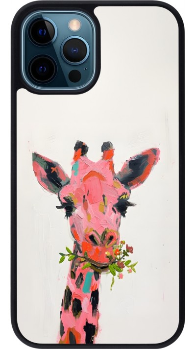 Coque iPhone 12 / 12 Pro - Silicone rigide noir Pink Girafe Paint