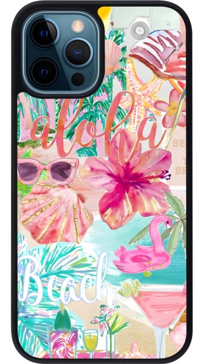 Coque iPhone 12 / 12 Pro - Silicone rigide noir Preppy Collage Aloha