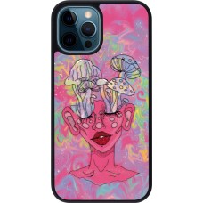 Coque iPhone 12 / 12 Pro - Silicone rigide noir Psychedelic pink mushroom