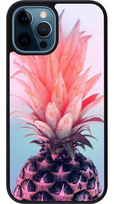 Coque iPhone 12 / 12 Pro - Silicone rigide noir Purple Pink Pineapple