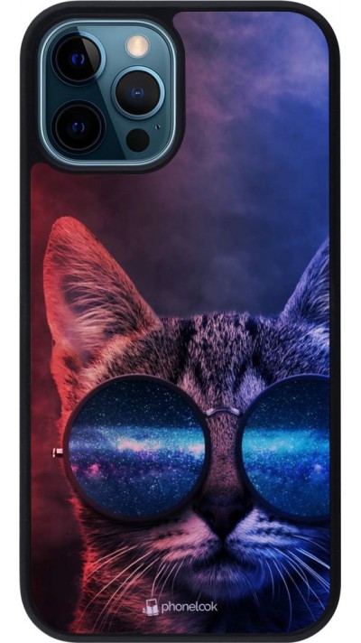 Coque iPhone 12 / 12 Pro - Silicone rigide noir Red Blue Cat Glasses