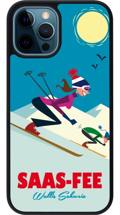 Coque iPhone 12 / 12 Pro - Silicone rigide noir Saas-Fee Ski Downhill