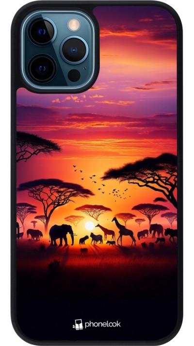 Coque iPhone 12 / 12 Pro - Silicone rigide noir Safari sunset wildlife