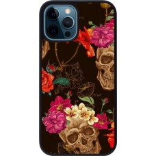 Coque iPhone 12 / 12 Pro - Silicone rigide noir Skulls and flowers