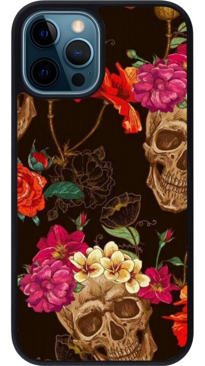 Coque iPhone 12 / 12 Pro - Silicone rigide noir Skulls and flowers
