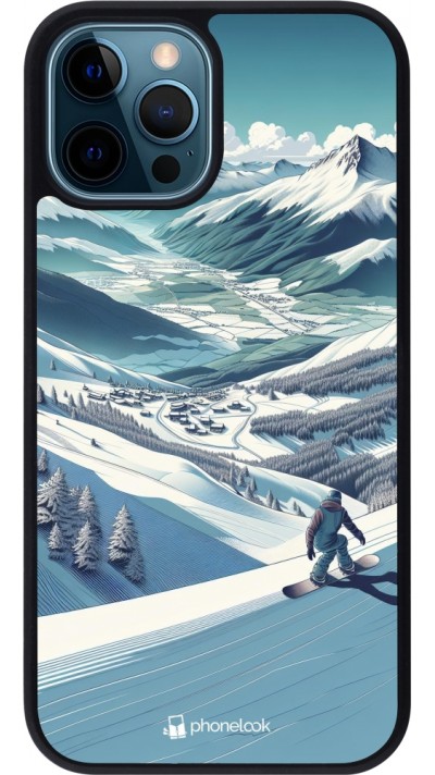 Coque iPhone 12 / 12 Pro - Silicone rigide noir Snowboarder Montagne