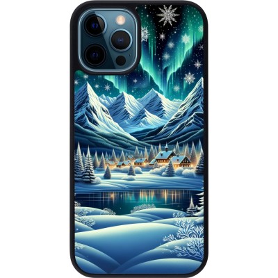 Coque iPhone 12 / 12 Pro - Silicone rigide noir Snowy Mountain Village Lake night