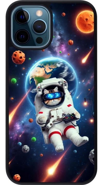 Coque iPhone 12 / 12 Pro - Silicone rigide noir VR SpaceCat Odyssey