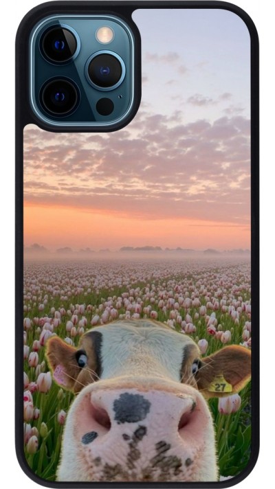 Coque iPhone 12 / 12 Pro - Silicone rigide noir Cow with tulips 2026